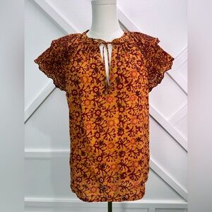 Jennifer & Grace Boho Batik Print Blouse Lace Flutter Sleeve Tie Neck Size L